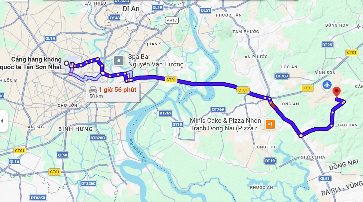 Lộ trình từ sân bay Tân Sơn Nhất đi sân bay Long Thành. Ảnh: Minh Quân