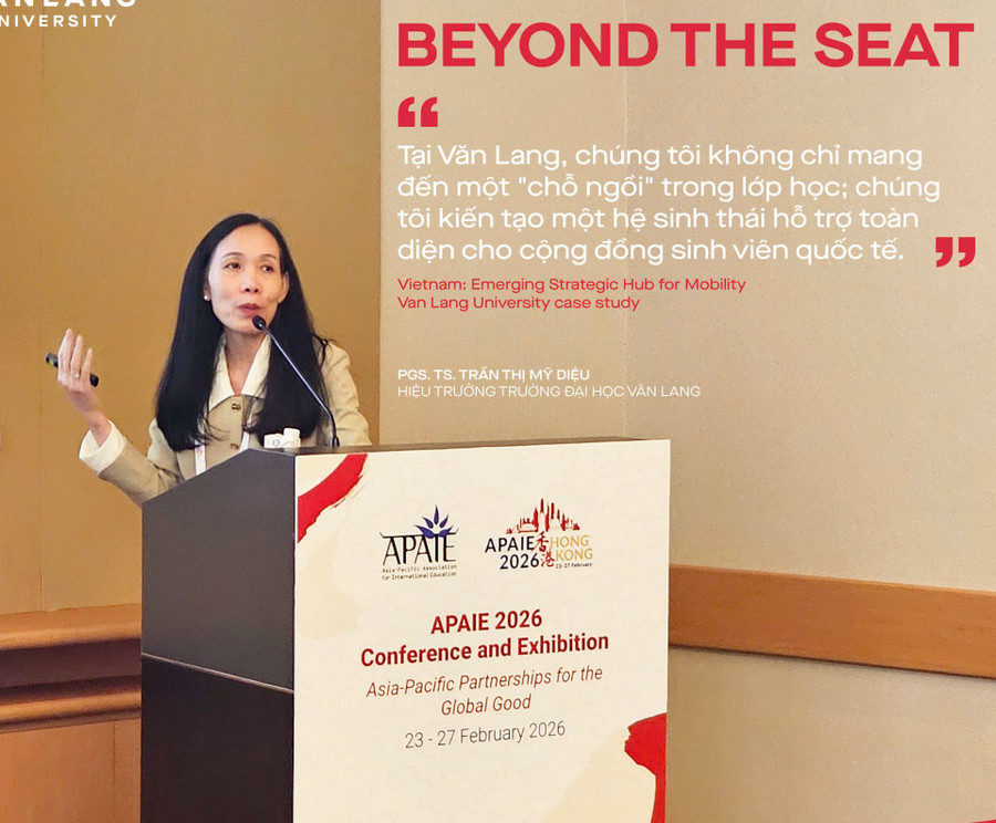 PGS.TS Trần Thị Mỹ Diệu – Hiệu trưởng Trường ĐH Văn Lang trình bày tham luận tại APAIE 2026. hoptacquoctejpg1.jpg