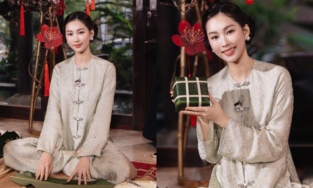 Hoa hậu Đặng Thu Thảo sang trọng với áo bà ba màu xám. Ảnh: Cắt từ video.