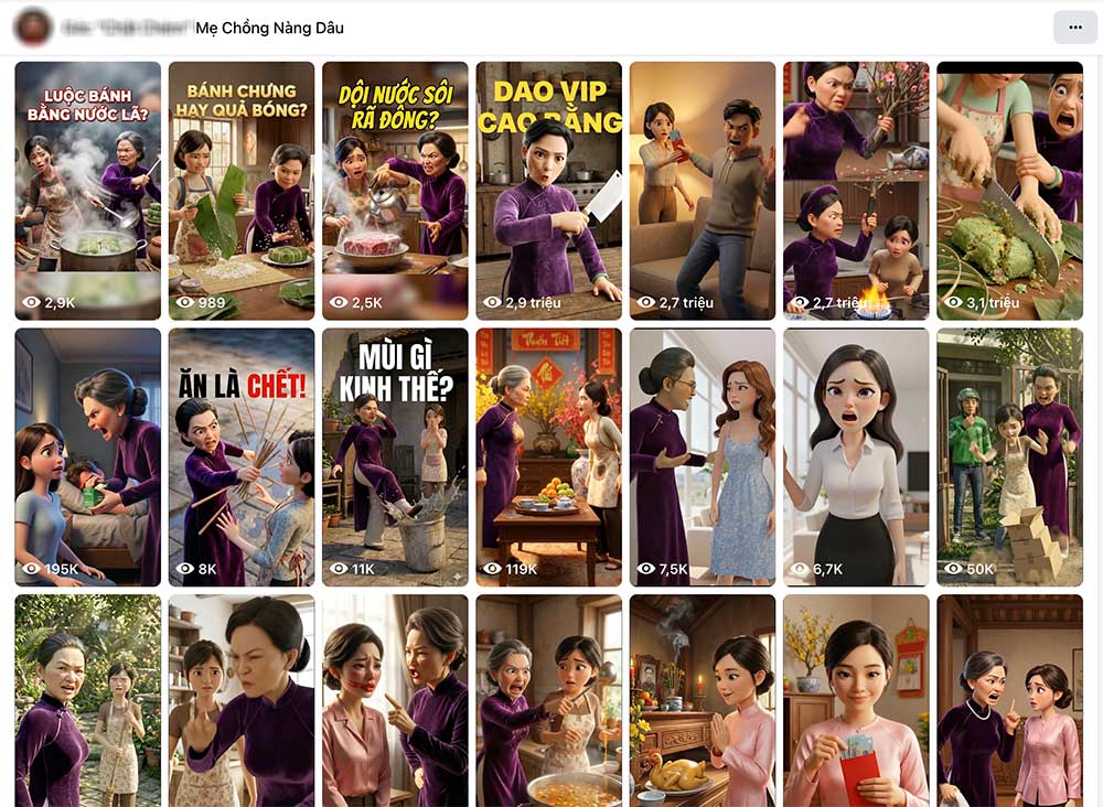 Video có nội dung sản xuất bởi AI xoay quanh chủ đề mẹ chồng, nàng dâu thu hút hàng nghìn đến hàng triệu lượt xem trên một fanpage Facebook. Ảnh chụp màn hình