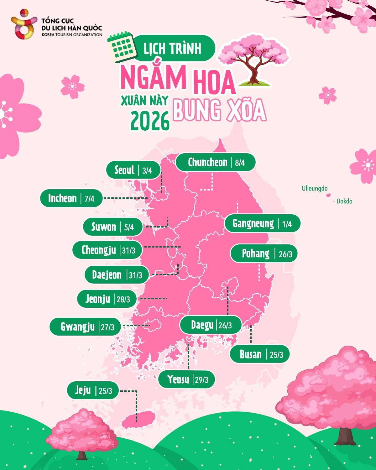 Bản đồ dự báo mùa hoa anh đào nở ở Hàn Quốc năm 2026. Ảnh: KTO