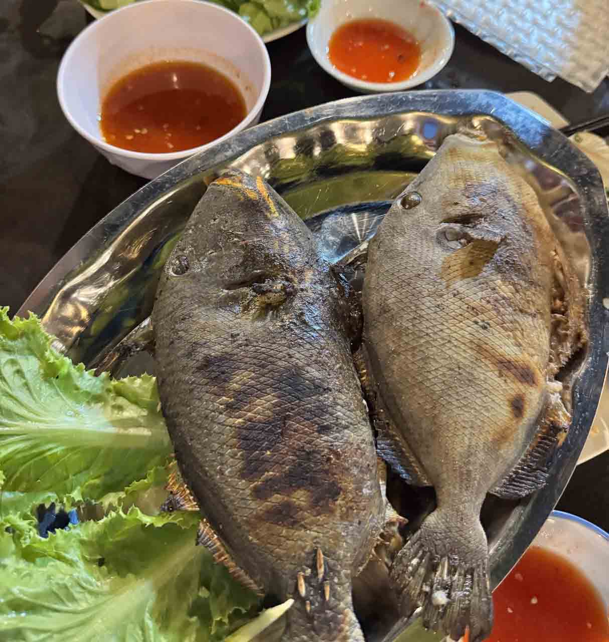 Cá đảo bò nướng ăn kèm với rau sống và bánh tráng.