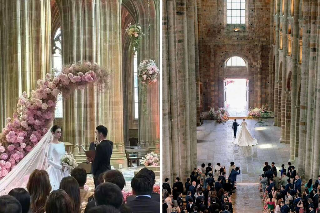 Khung cảnh lãng mạn trong hôn lễ của Hà Du Quân và Hề Mộng Dao. Ảnh: Xinhua