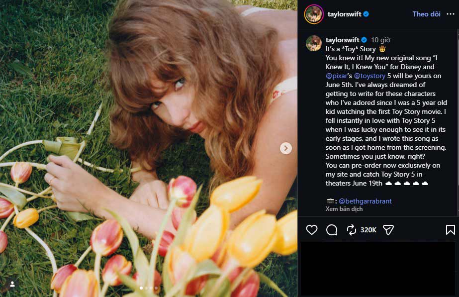 Taylor Swift công bố sáng tác nhạc phim cho bộ phim hoạt hình “Toy Story 5” trên trang cá nhân. Ảnh: Trang cá nhân nghệ sĩ