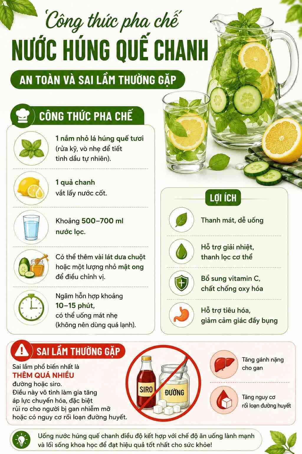 Infographic: Chi tiết công thức pha chế nước húng quế chanh an toàn và những sai lầm cần tránh khi dùng thức uống thải độc gan. Đồ họa: Trà My