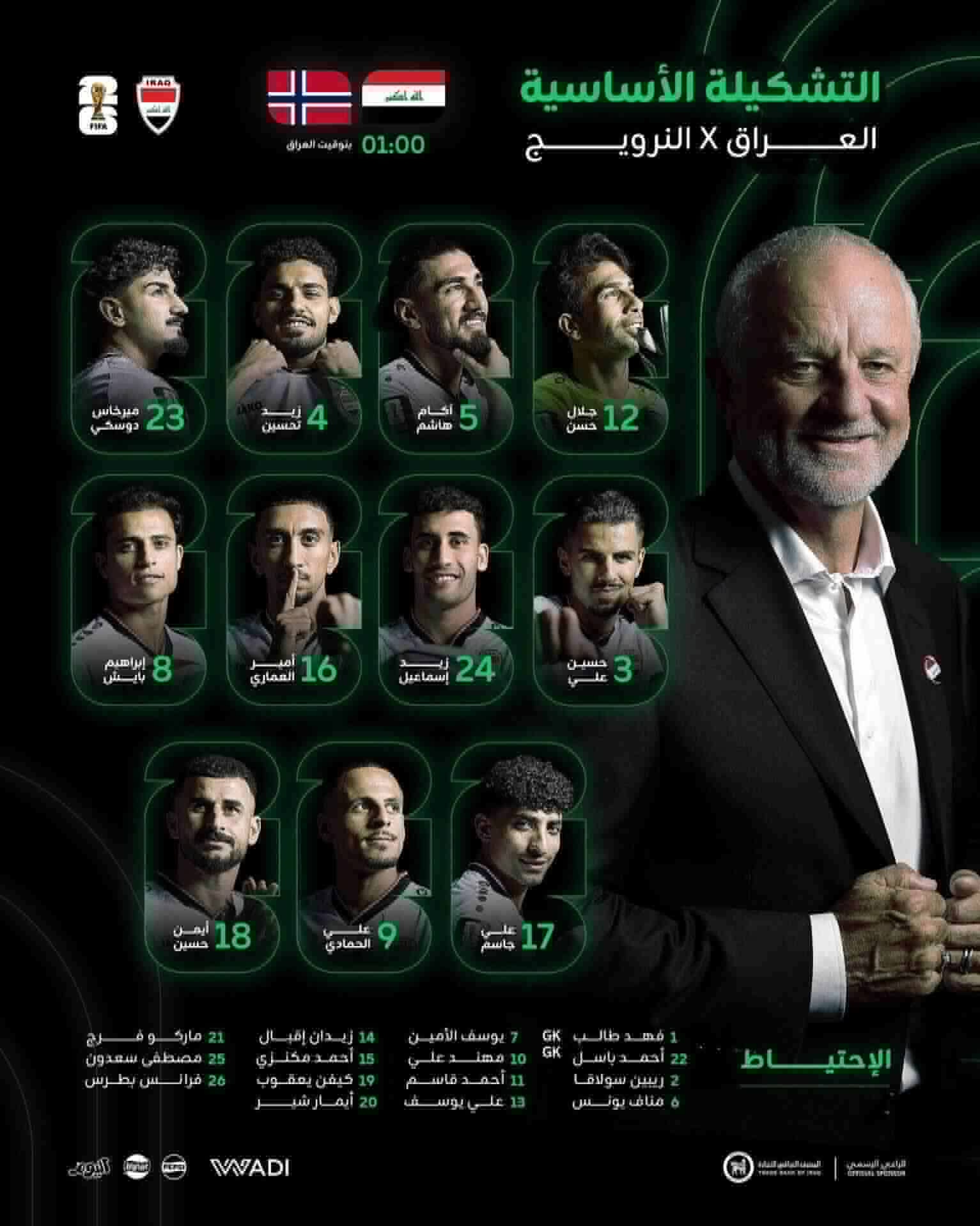 Đội hình ra sân của tuyển Iraq. Ảnh: LĐBĐ Iraq
