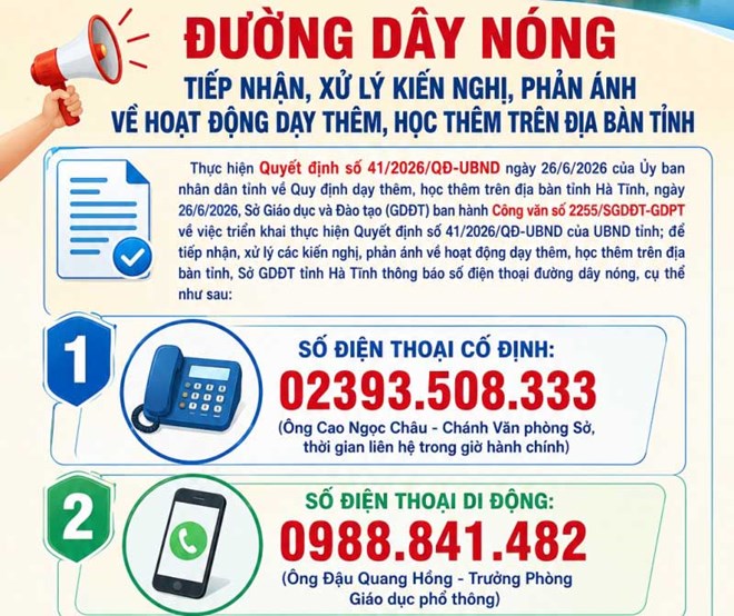 Đường dây nóng để phản ánh về dạy thêm, học thêm mà Sở Giáo dục và Đạo tạo Hà Tĩnh vừa công bố. Ảnh: Sở Giáo dục và Đào tạo Hà Tĩnh