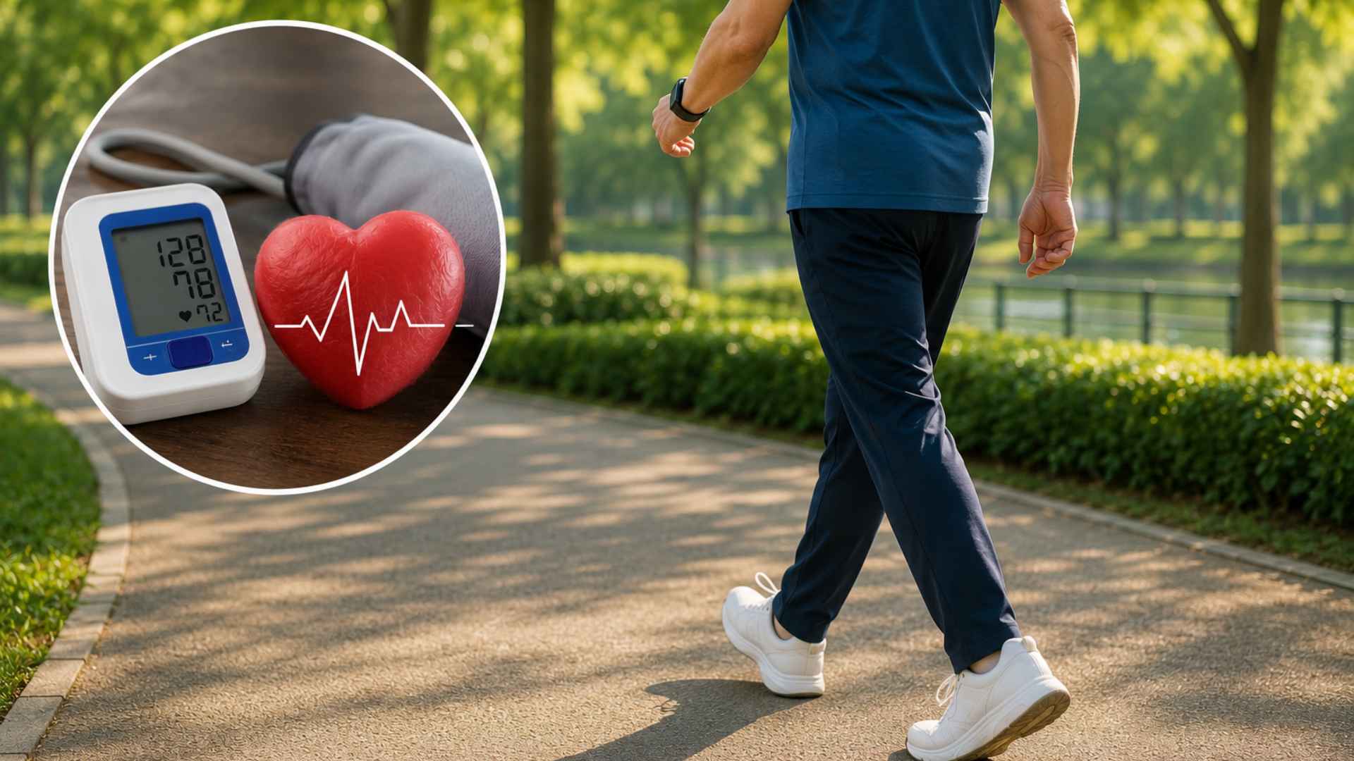 Đi bộ giúp hỗ trợ kiểm soát huyết áp. (Ảnh có sự hỗ trợ của AI)