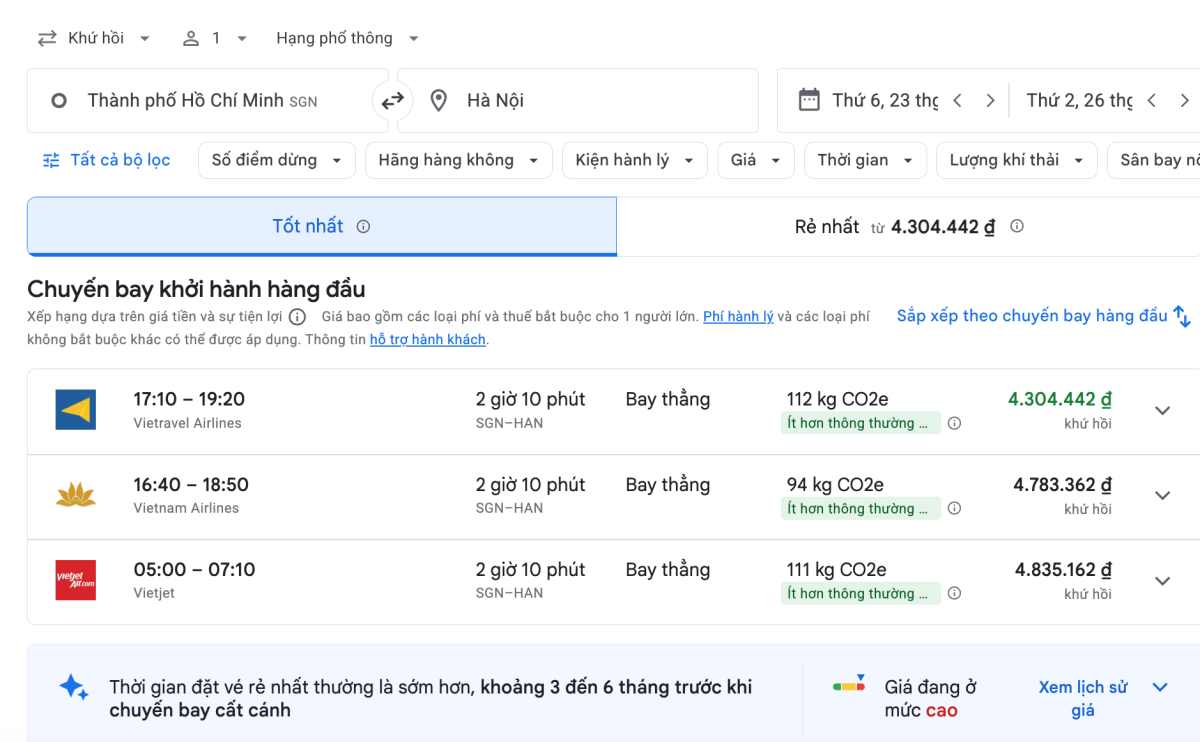 Giá vé máy bay tăng cao sau khi concert BIGBANG tại Hà Nội “cháy vé“. Ảnh: Google Flights