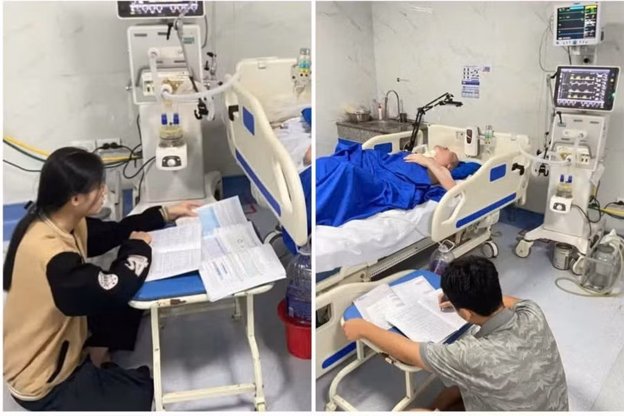 Sau mỗi giờ học là lần 2 chị em vừa học bài vừa chăm bố trong bệnh viện. 105.jpg